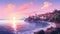 Italy Seascape: Pixelart Beach Painting With Sunset And Elegant Cityscapes