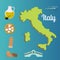 Italy travel map vector attraction tourist symbols sightseeing world italian architecture elements illustration.