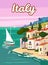 Italy Travel Poster, mediterranean romantic landscape, mountains, seaside town, sailboat, sea. Retro poster
