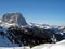 Italy, Trentino, Dolomites, view of flat sauce, Sasso Piatto, and cable car on the ski slope