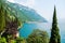 Italy Varenna lake Como villa view. European village blue water green Alps in summer tourist season. Lombardy tourism