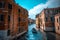 Italy, Venice. Grand canal for gondola in travel europe city. Old italian architecture with landmark bridge, romantic boat.