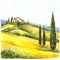 Italy. Watercolor sketch landscape of Tuscany. Green field with trees. Ai art.