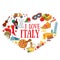 Items symbolizing Italy gathered in the shape of a heart. Inscription I love Italy. Design elements on the Italian theme