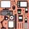 Items for the workplace. Computer, technical devices and stationery. Wallpaper vector illustration