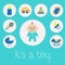 Its a boy. Baby boy shower card with bottle, horse, rattle, pacifier, sock, car toy, baby carriage, pyramid. Round icon set. Blue