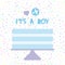 Its a boy. Sweet blue cake, blue cream, heart plane, baby shower banner design, card template, pastel colors on white polka dot ba