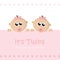 Its twins girl welcome greeting card for childbirth with baby face