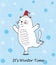 Itâ€™s Winter Time. Doodle vector illustration of funny skating white cat with snow