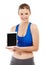 Ive got some cool fitness apps on my tablet. A pretty teenage girl posing with a digital tablet against a white