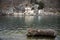 Iview of the lake from the entrance of the Santa Maria del Lago churchm Scanno lake, Italy