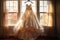 ivory wedding gown on a hanger with sunlight streaming in