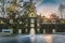 Ivy covered facade of the Francis Ford Coppola Inglenook winery Napa Valley, California at sunset in the spring