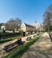 Ixelles, Brussels - Belgium -Panoramic ultra wide view over the park and site of the La Cambre Abbey with people sitting around