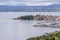 Izola / Slovenia - September 9, 2019: Aerial view over the sea beautiful Izola town, with old town and harbor