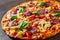 Izza with Chicken meat, Mozzarella cheese, pepperoni, tomato, vegetables, salami. Italian pizza