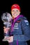 JABLONEC NAD NISOU, CZECH REPUBLIC - MARCH 23: Czech biathlete Gabriela Koukalova nee Soukalova presents the World Cup Trophy