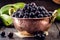 Jabuticaba. Brazilian and South American tropical fruits, in a copper pot on a rustic table