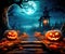 Jack lanterns glowing in the moonlight, in a creepy Halloween night scene. Generative AI