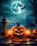 Jack lanterns glowing in the moonlight, in a creepy Halloween night scene. Generative AI