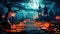 Jack lanterns glowing in the moonlight, in a creepy Halloween night scene. Generative AI