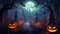 Jack o\\\' lantern glowing in old cellar in creepy fantasy night halloween background