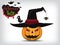 Jack-O-Lantern. Halloween pumpkin with black witches hat. Vector