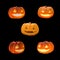 Jack O Lantern halloween pumpkins set template with carved scary funny glowing candle light lit orange face isolated on black