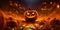 Jack-o-lantern in the middle of halloween card. Spooky carved pumpkin with evil smile