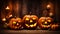 Jack-o-lantern pumpkins, candles, garland. Cute Halloween background. Generative AI
