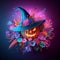 Jack-O-Lantern wearing a witch\\\'s hat, neon ambiance