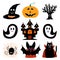 Jack o lantern, witch hat, dry tree, ghost, castle, bat, cat, spider. Halloween characters set. Isolated on white background.