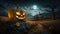 Jack O\\\' Lanterns In Graveyard In The Spooky Night - Generative AI