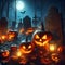 Jack O\' Lanterns Illuminate the Graveyard in a Spooky, Nighttime Spectacle. Generative ai for illustrations