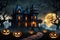 Jack-o\\\'-Lanterns Line the Winding Path Leading to a Haunted Victorian Mansion - Full Moon Casting Eerie Shadows