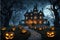 Jack-o\\\'-Lanterns Line the Winding Path Leading to a Haunted Victorian Mansion - Full Moon Casting Eerie Shadows