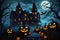 Jack o Lanterns and Trick or Treaters on Ominous Halloween Night, AI Generated