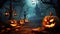 Jack oâ€™ lanterns in spooky forest at moonlight   halloween