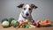 Jack russell terrier dog with fresh vegetables on the table