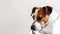 Jack Russell Terrier dog is lying on a white blanket. Close-up.