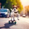 Jack russell terrier dog riding a skateboard as skater wearing sunglasses. Cool dog on skateboard in sunglasses in the city street