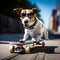 Jack russell terrier dog riding very fast a skateboard as skater wearing sunglasses. Cool dog on skateboard in sunglasses in the