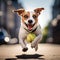 Jack russell terrier dog with tennis ball. Playful happy pet dog running in the city street and playing with a tennis ball. Web