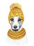 Jack russell terrier with gold knitted hat and scarf. Hand drawn illustration of dressed dog