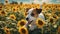 jack russell terrier A joyful Jack Russell puppy frolicking in a field of sunflowers, with butterflies fluttering around