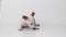 a jack russell terrier puppy eats food on a white background