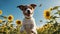 jack russell terrier running A joyful Jack Russell puppy frolicking in a field of sunflowers, with butterflies fluttering around