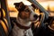 Jack Russell terrier sitting in a car, captured at sunset