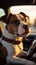 Jack Russell terrier sitting in a car, captured at sunset