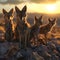 Jackal family standing in front of the camera in the rocky plains with setting sun.